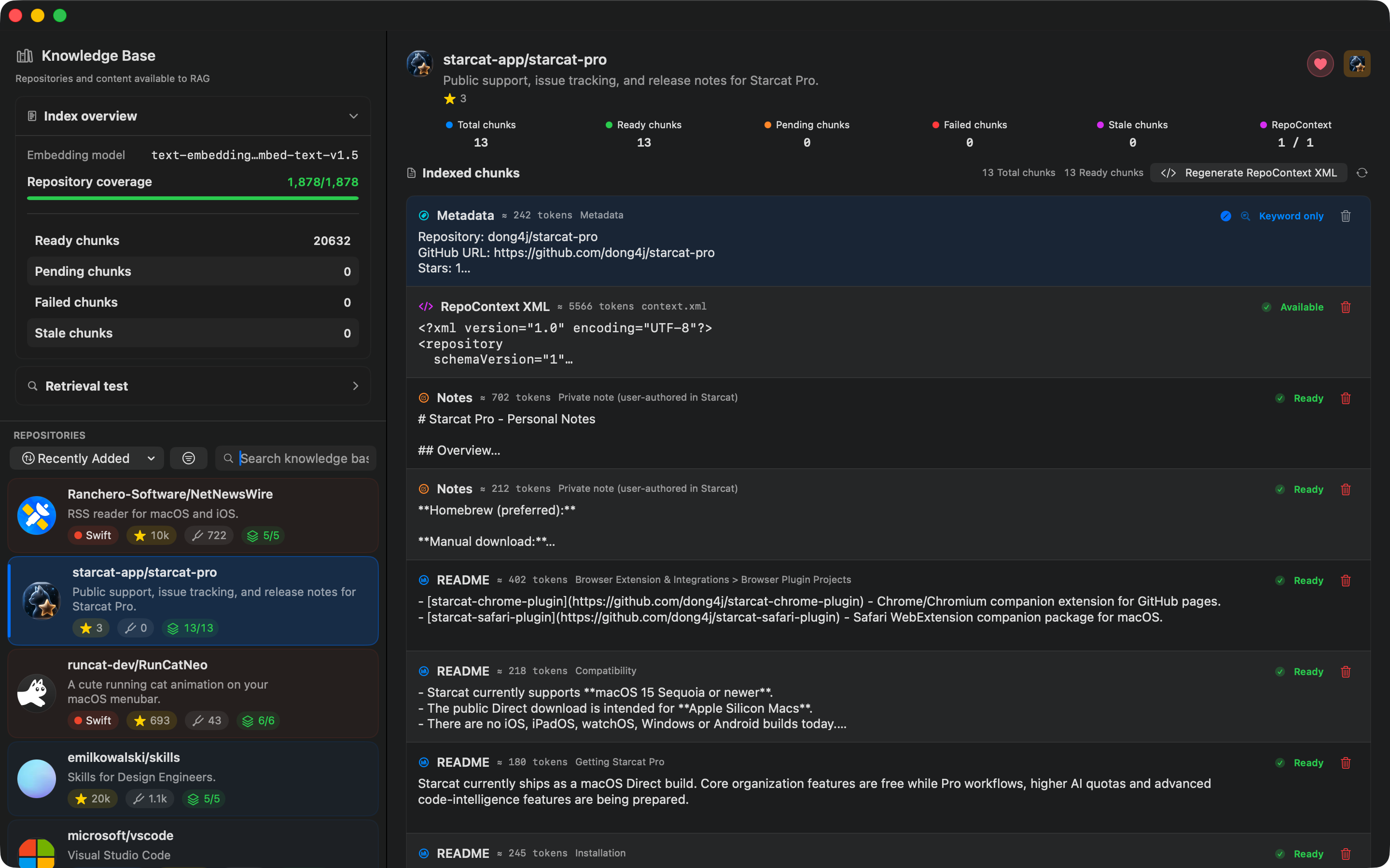 Starcat knowledge base repository and chunk management window