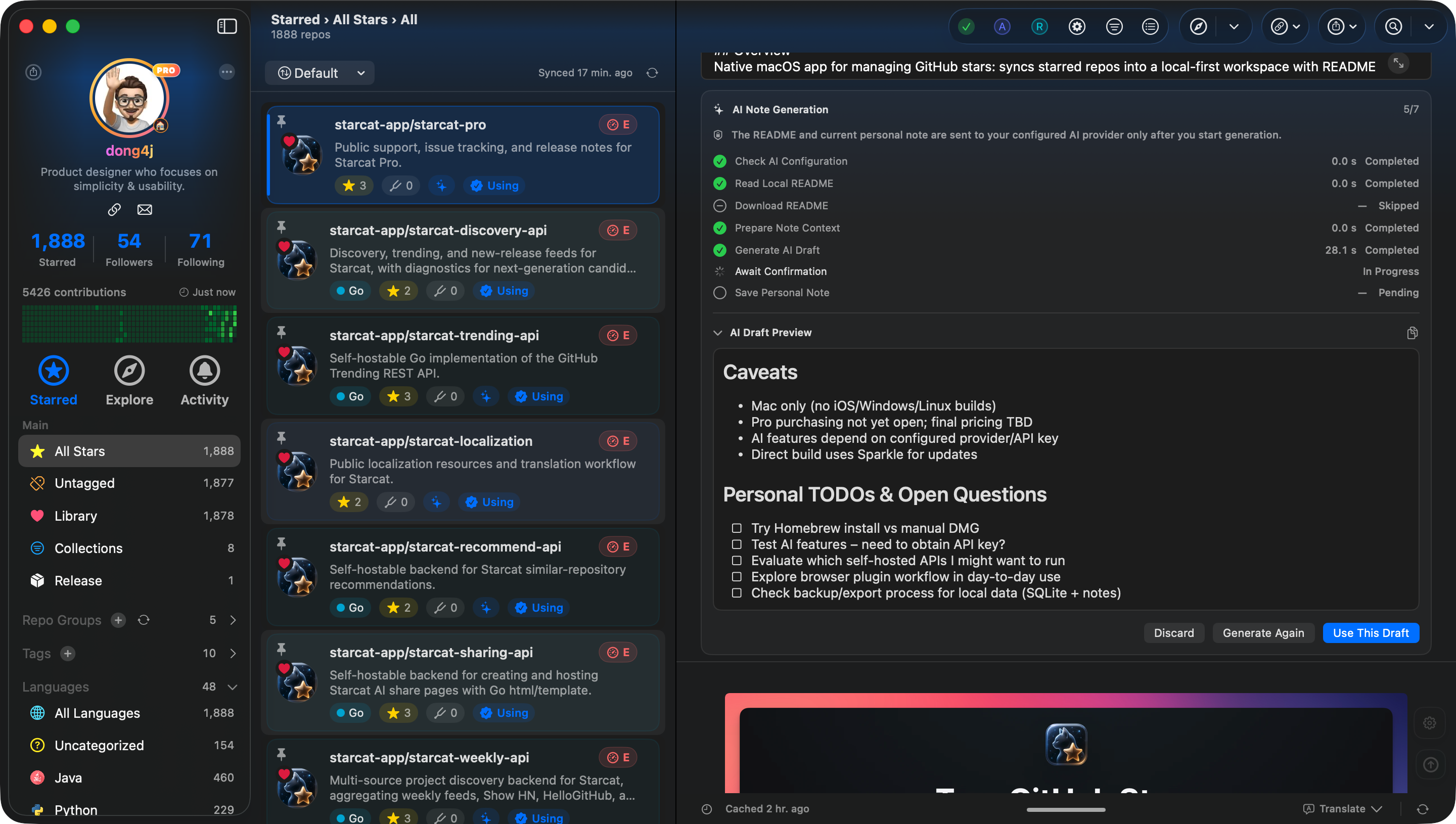 Starcat private notes for a saved repository