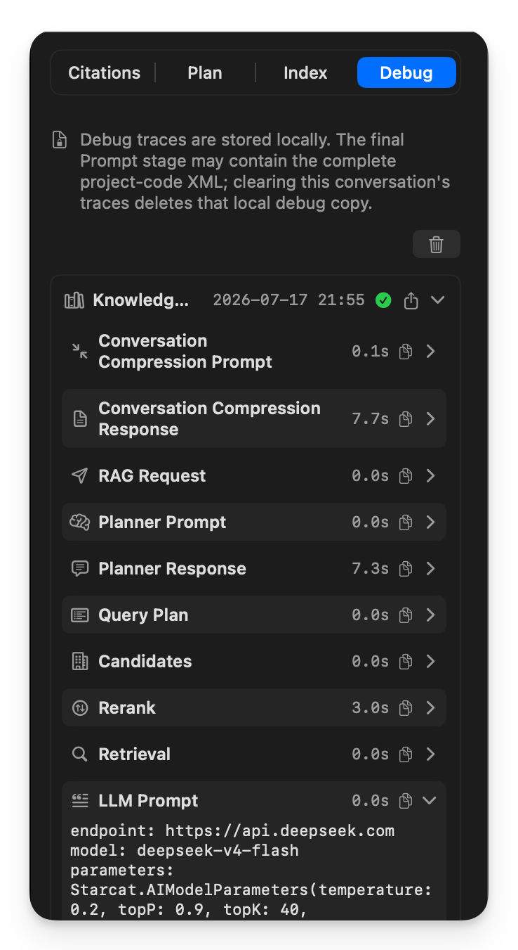 Starcat local RAG debug trace inspector