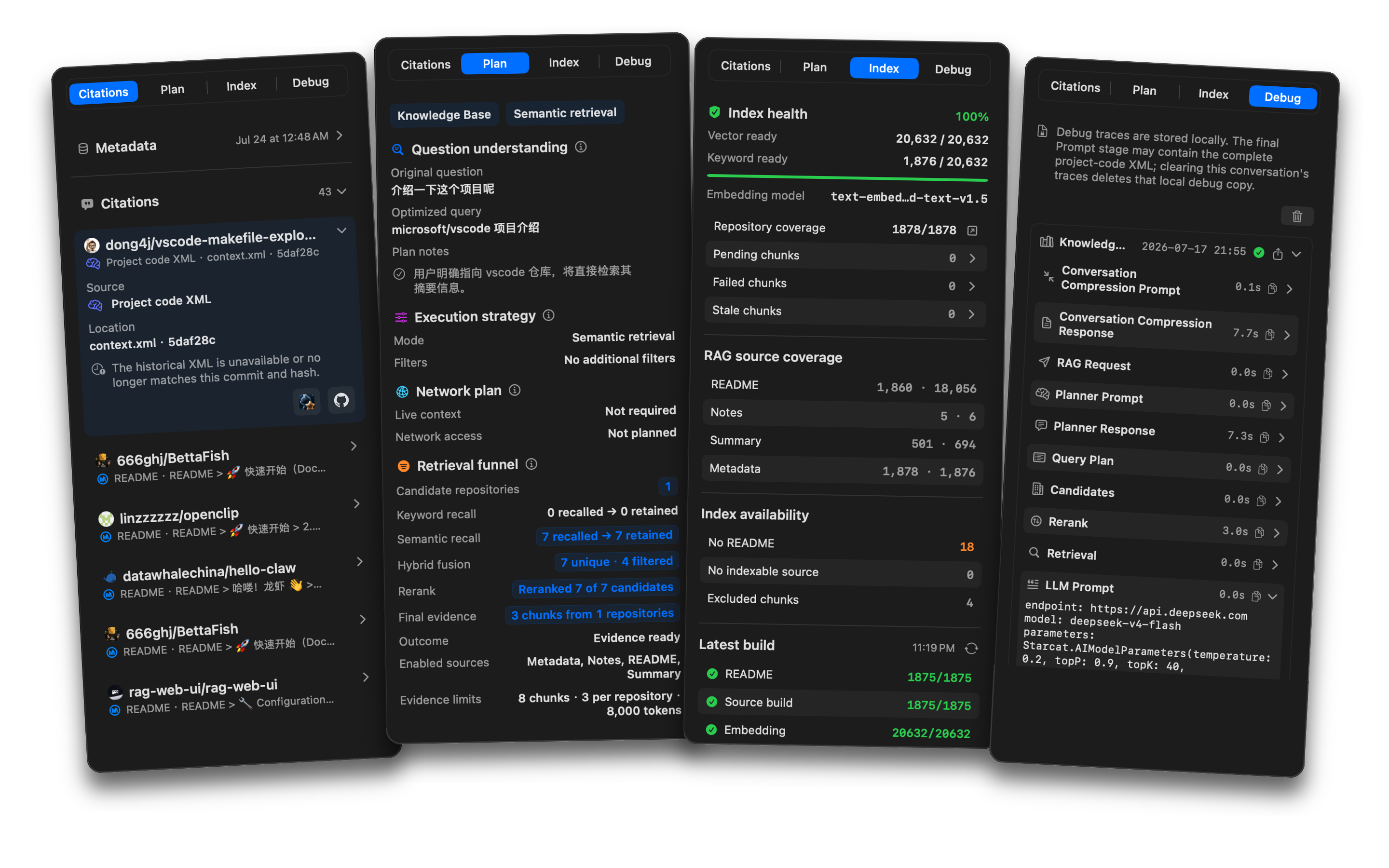 Starcat RAG inspector showing citations, query plan, index health, and local debug traces