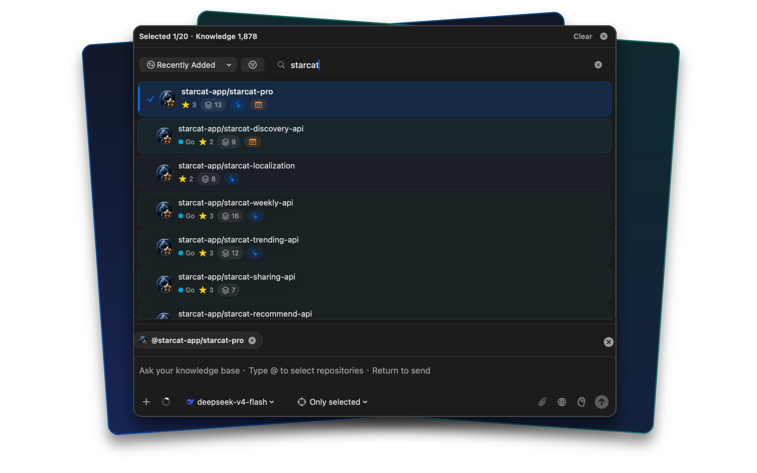Starcat repository selection for a scoped RAG question