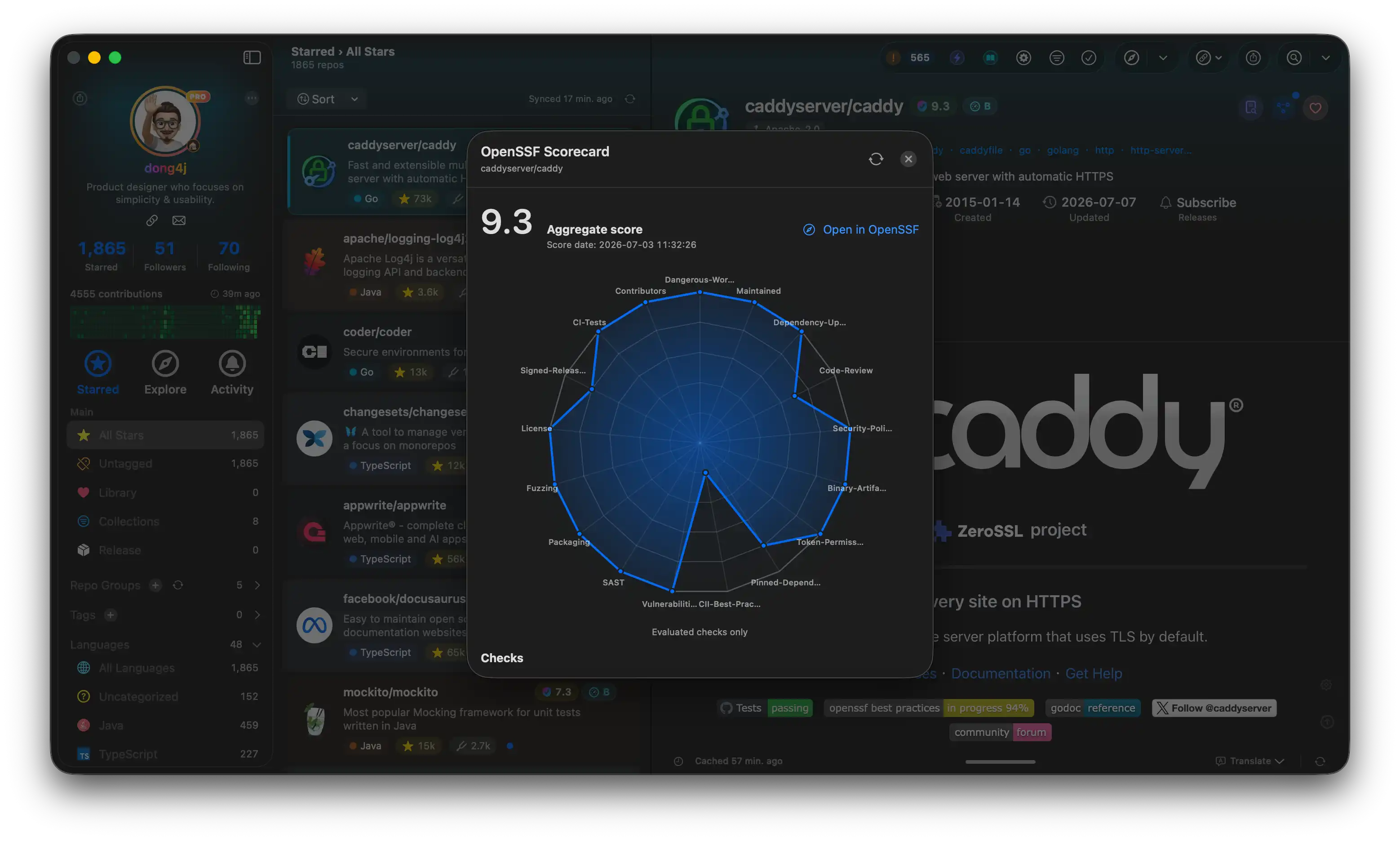 Starcat OpenSSF scorecard: security scoring radar chart