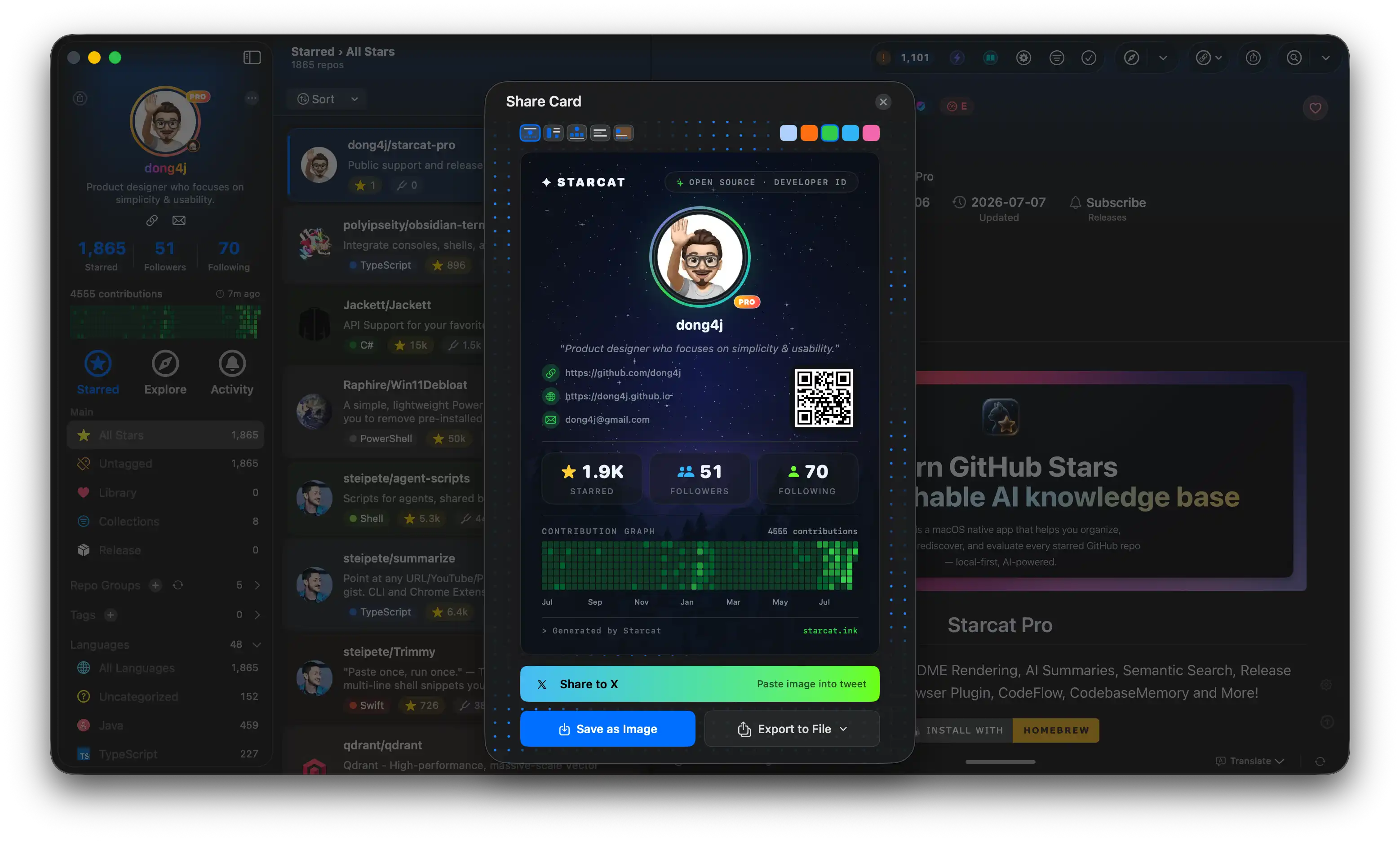 Starcat share card: multi-theme user card export